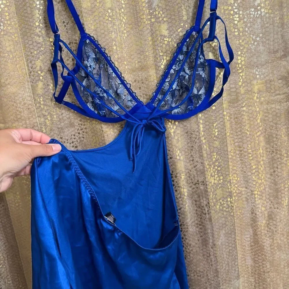 Victorias Secret Royal Blue Lace Butterfly Low Cut Demi Satin Slip Medium NWT